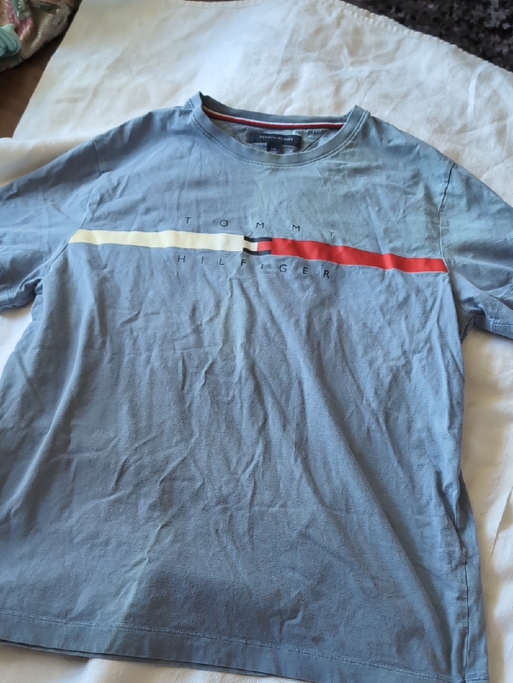 Tommy Hilfiger Men’s Blue Logo Stripe Crew Neck T-Shirt